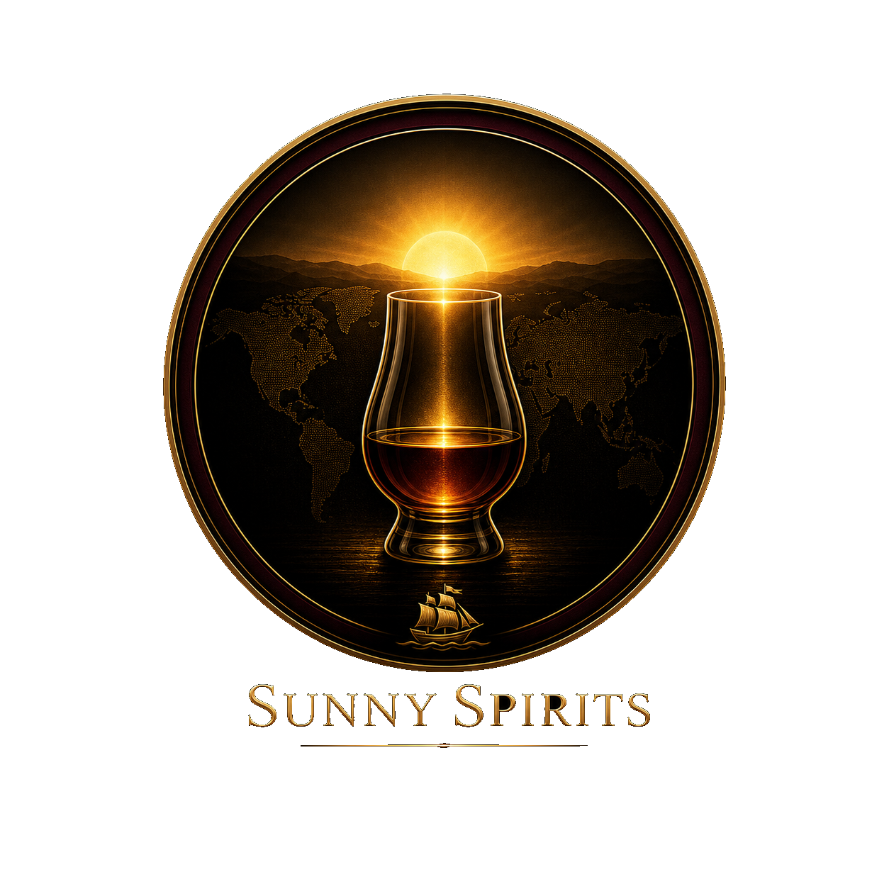 Sunny Spirits sunrise and whiskey glass logo concept